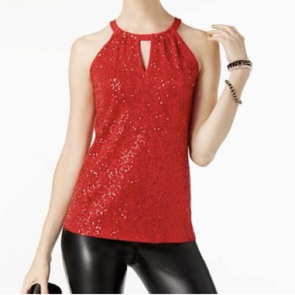 INC INTERNATIONAL CONCEPT Red Sequin Front Keyhole Halter Jersey Top NWT Size S